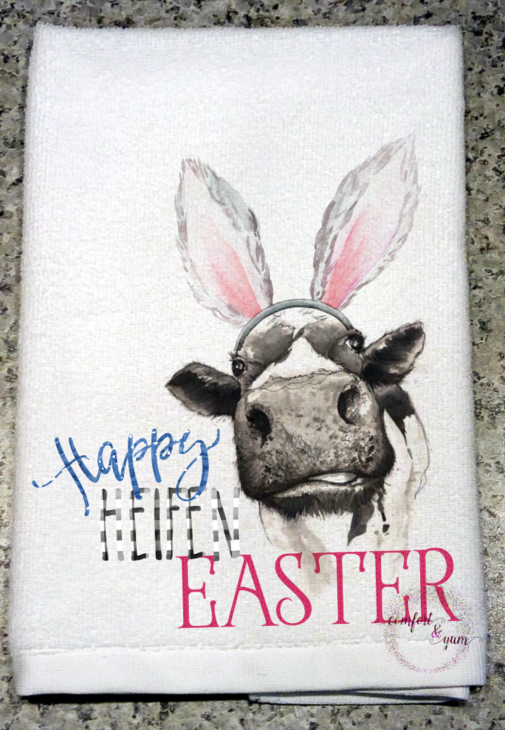 Happy Heifen Easter Farm Cow wearing Bunny Ears Kitchen Tea Dish Hand Guest Towel Hostess Decor Gift